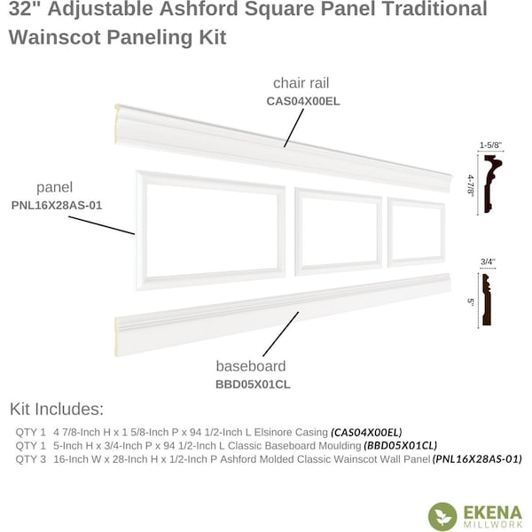94 1/2L (Adjustable 32H To 36H) Ashford Square Panel Traditional Wainscot Paneling Kit